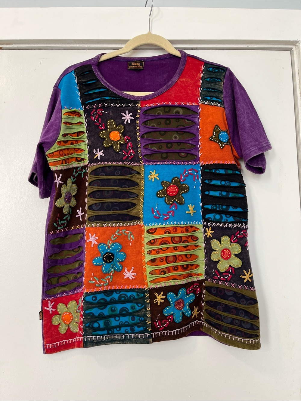 Vintage Rising International Purple Patchwork Floral Short Sleeve Tee XL cotton